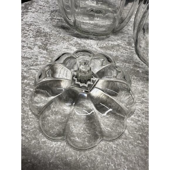 2 Vntg Anchor Hocking Clear Fall Glass Pumpkin Cookie Jars Candy Dish Canisters - Picture 4 of 10